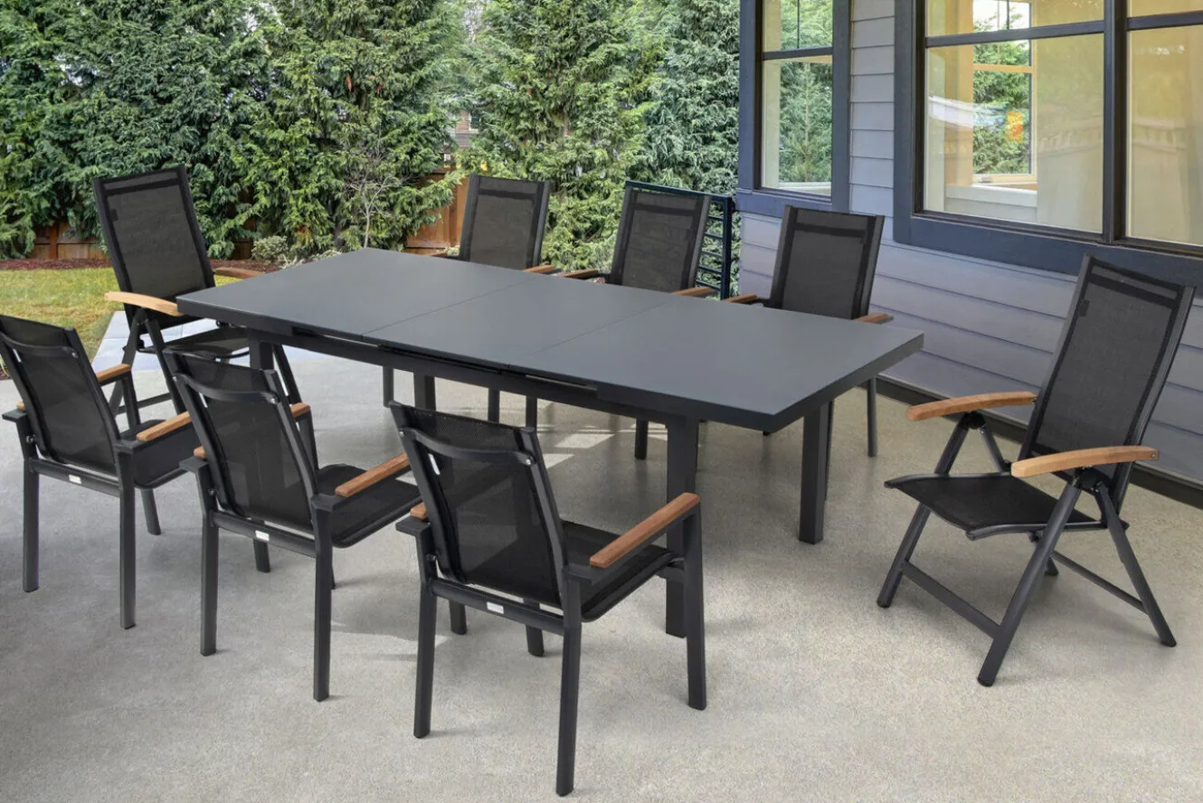 OUTFLEXX Premium Garten-Essgruppe, OUTFLEXX® anthrazit matt, Alu / Glas / Teak, Tisch 180/240 x 100cm, 6 Stapelsessel, 2 Klappstühle