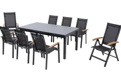 OUTFLEXX Premium Garten-Essgruppe, OUTFLEXX® anthrazit matt, Alu / Glas / Teak, Tisch 180/240 x 100cm, 6 Stapelsessel, 2 Klappstühle