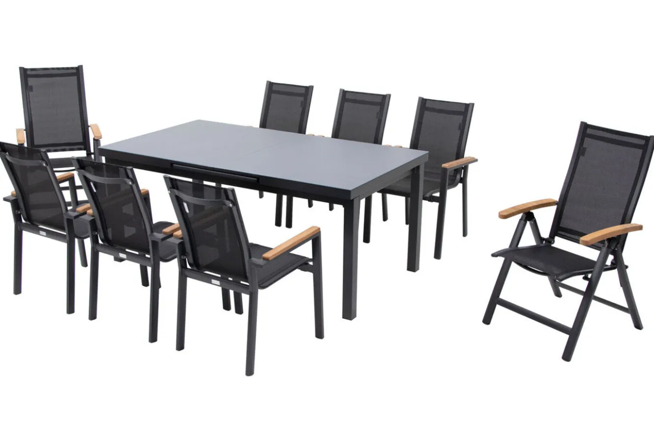 OUTFLEXX Premium Garten-Essgruppe, OUTFLEXX® anthrazit matt, Alu / Glas / Teak, Tisch 180/240 x 100cm, 6 Stapelsessel, 2 Klappstühle