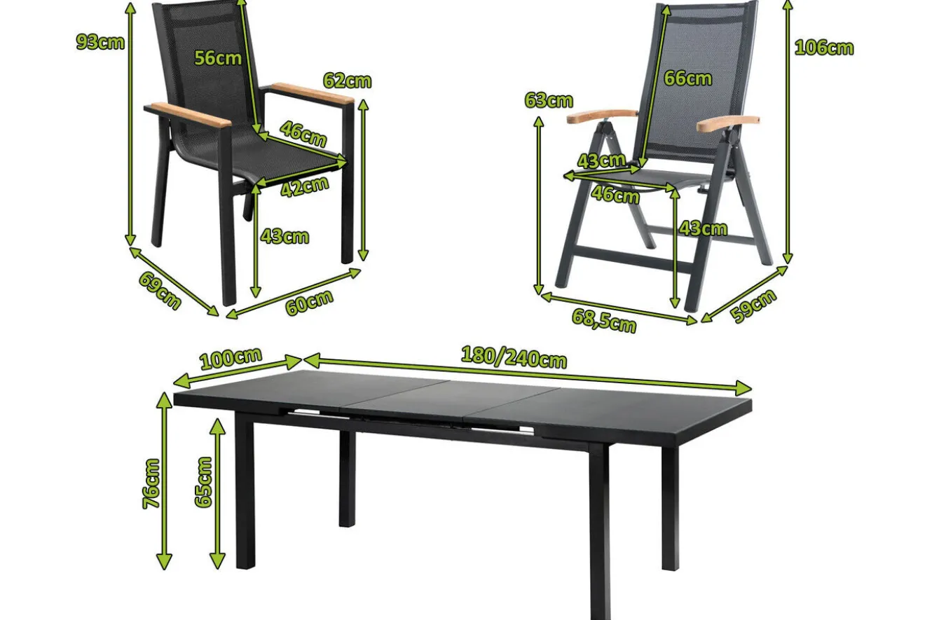 OUTFLEXX Premium Garten-Essgruppe, OUTFLEXX® anthrazit matt, Alu / Glas / Teak, Tisch 180/240 x 100cm, 6 Stapelsessel, 2 Klappstühle