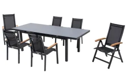 OUTFLEXX Premium Garten-Essgruppe, OUTFLEXX® anthrazit matt, Alu / Glas / Teak, Tisch 180/240 x 100cm, 4 Stapelsessel, 2 Klappstühle