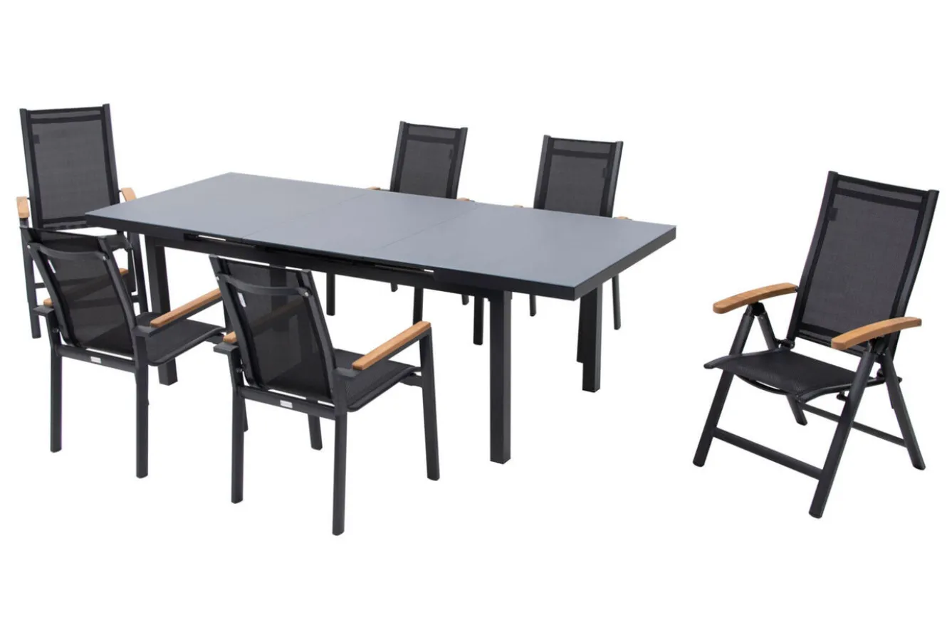 OUTFLEXX Premium Garten-Essgruppe, OUTFLEXX® anthrazit matt, Alu / Glas / Teak, Tisch 180/240 x 100cm, 4 Stapelsessel, 2 Klappstühle