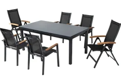 OUTFLEXX Premium Garten-Essgruppe, OUTFLEXX® anthrazit matt, Alu / Glas / Teak, Tisch 180/240 x 100cm, 4 Stapelsessel, 2 Klappstühle