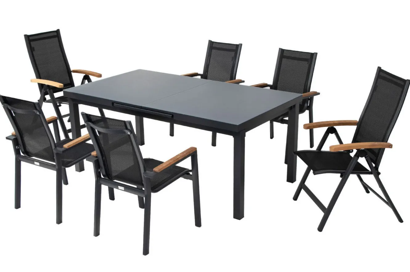 OUTFLEXX Premium Garten-Essgruppe, OUTFLEXX® anthrazit matt, Alu / Glas / Teak, Tisch 180/240 x 100cm, 4 Stapelsessel, 2 Klappstühle