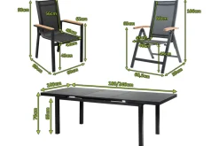 OUTFLEXX Premium Garten-Essgruppe, OUTFLEXX® anthrazit matt, Alu / Glas / Teak, Tisch 180/240 x 100cm, 4 Stapelsessel, 2 Klappstühle