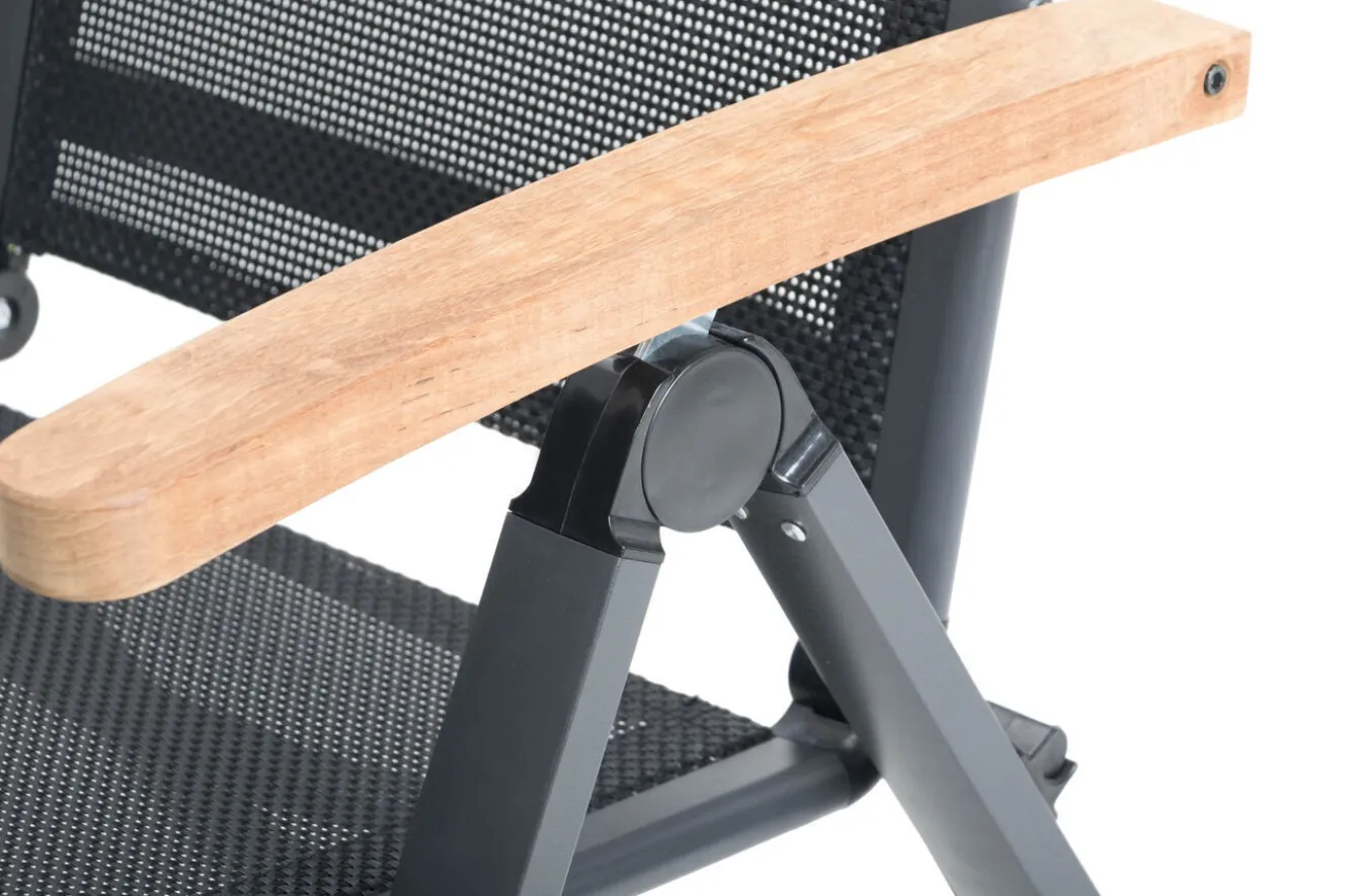 OUTFLEXX Premium Garten-Essgruppe, OUTFLEXX® anthrazit matt, Alu / Glas / Teak, Tisch 180/240 x 100cm, 4 Stapelsessel, 2 Klappstühle