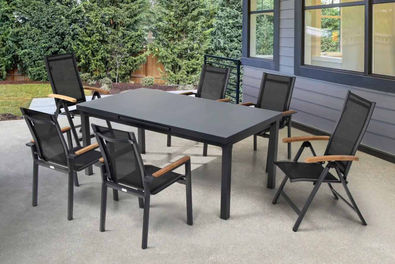 OUTFLEXX Premium Garten-Essgruppe, OUTFLEXX® anthrazit matt, Alu / Glas / Teak, Tisch 180/240 x 100cm, 4 Stapelsessel, 2 Klappstühle