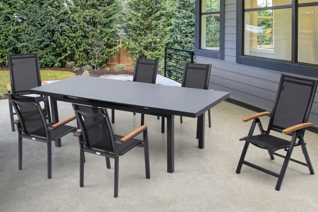 OUTFLEXX Premium Garten-Essgruppe, OUTFLEXX® anthrazit matt, Alu / Glas / Teak, Tisch 180/240 x 100cm, 4 Stapelsessel, 2 Klappstühle