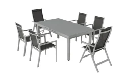 OUTFLEXX Premium Garten-Essgruppe, silber/grau, Alu/Textilene, Ausziehtisch 180/240 x 100 cm, 4 Stapel-, 2 Klappstühle
