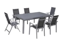 OUTFLEXX Premium Garten-Essgruppe, silber/grau, Alu/Textilene, Ausziehtisch 180/240 x 100 cm, 4 Stapel-, 2 Klappstühle