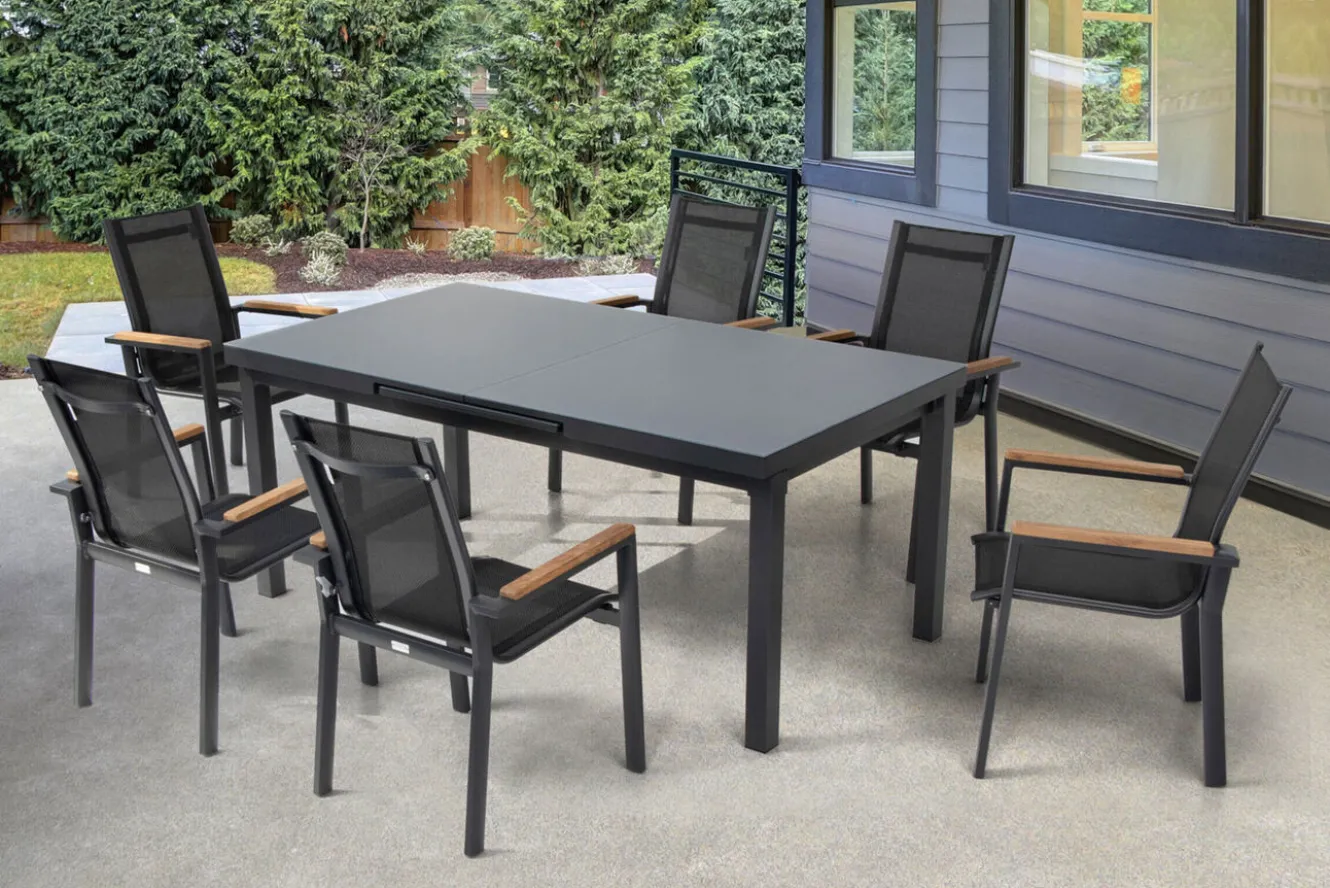OUTFLEXX Premium Garten-Essgruppe, 6 Personen, ausziehbar, 180-240cm, Alu/Glas/Teak, Stapelsessel
