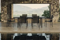 OUTFLEXX Premium Garten-Essgruppe, 6 Personen, ausziehbar, 180-240cm, Alu/Glas/Teak, Stapelsessel