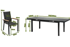 OUTFLEXX Premium Garten-Essgruppe, 6 Personen, ausziehbar, 180-240cm, Alu/Glas/Teak, Stapelsessel
