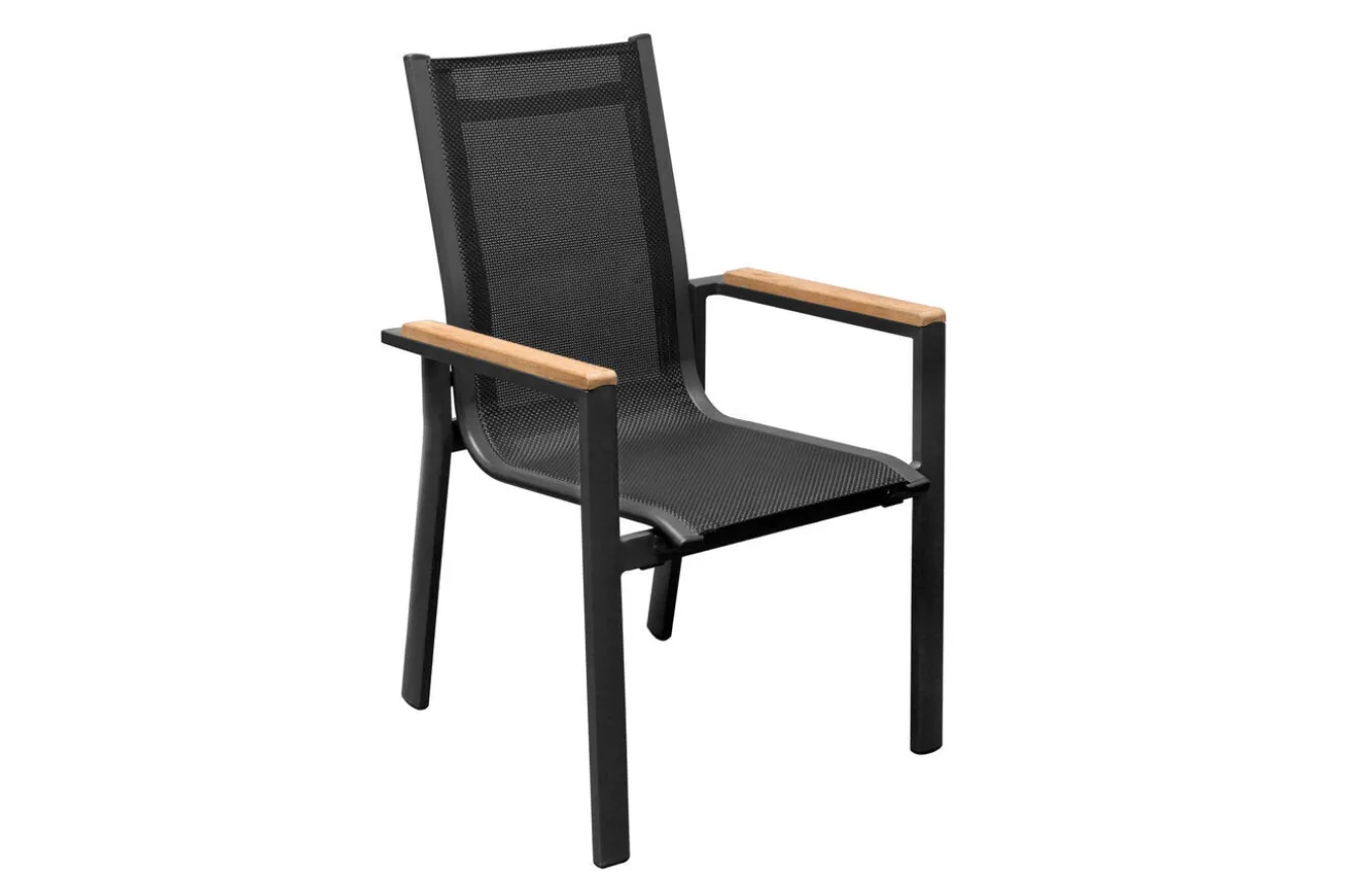 OUTFLEXX Premium Garten-Essgruppe, 6 Personen, ausziehbar, 180-240cm, Alu/Glas/Teak, Stapelsessel