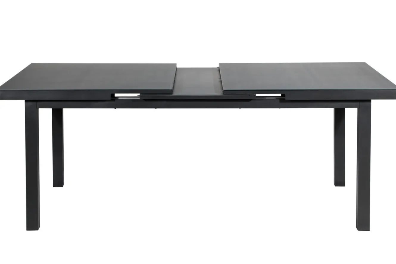 OUTFLEXX Premium Garten-Essgruppe, 6 Personen, ausziehbar, 180-240cm, Alu/Glas/Teak, Stapelsessel