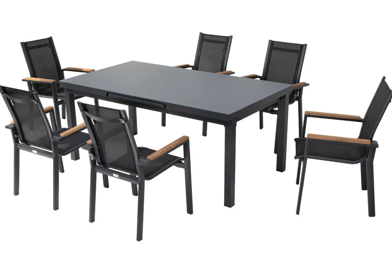 OUTFLEXX Premium Garten-Essgruppe, 6 Personen, ausziehbar, 180-240cm, Alu/Glas/Teak, Stapelsessel
