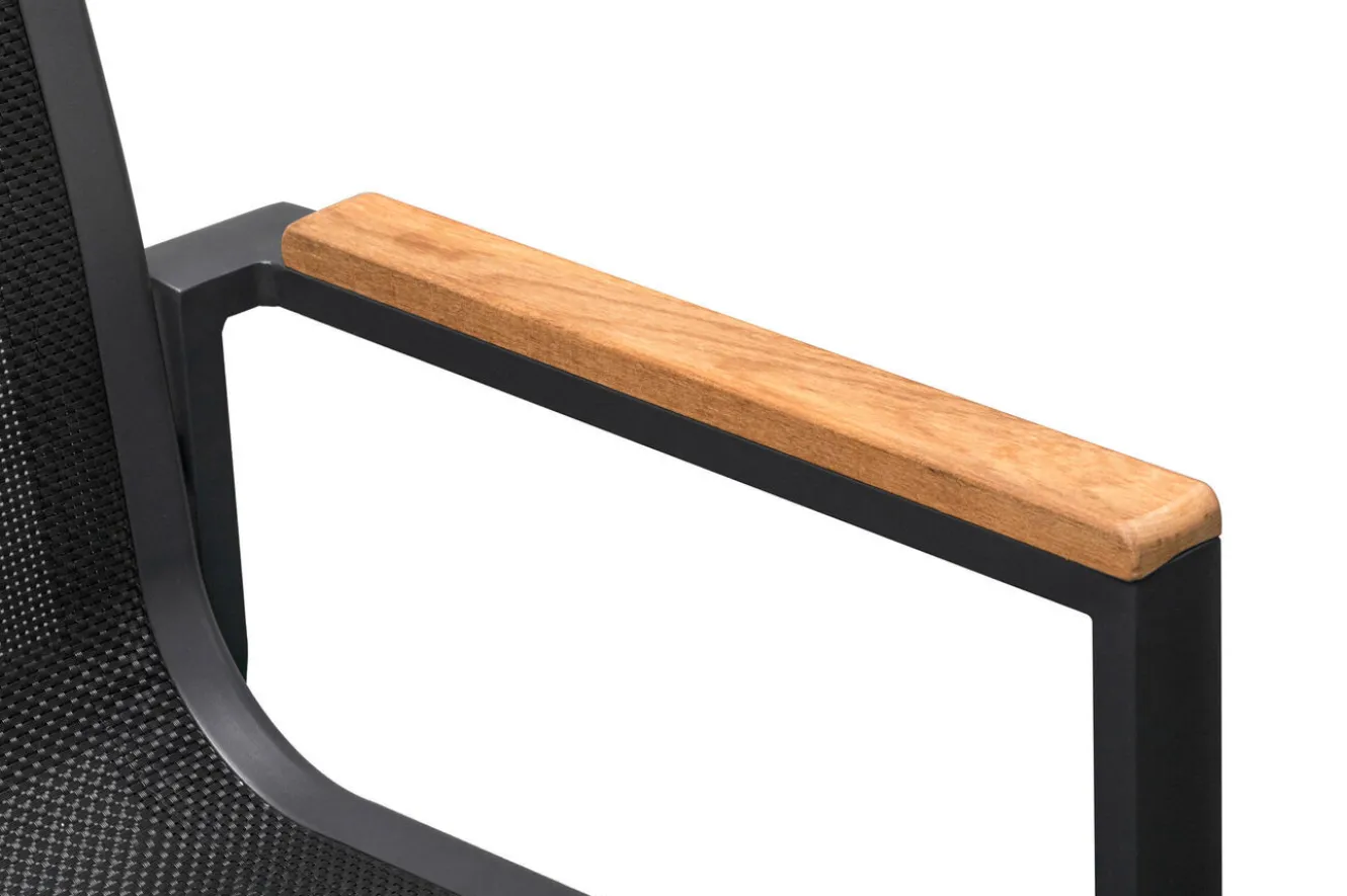 OUTFLEXX Premium Garten-Essgruppe, 6 Personen, ausziehbar, 180-240cm, Alu/Glas/Teak, Stapelsessel