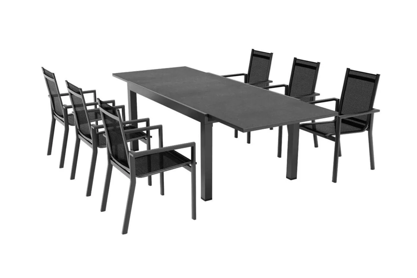 OUTFLEXX Premium Garten-Essgruppe, anthrazit matt/schwarz, Alu/Spraystone/Textilene, Tisch 160/260 x 100 cm, ausziehbar, 6 Stapelsessel
