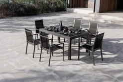 OUTFLEXX Premium Garten-Essgruppe, anthrazit matt/schwarz, Alu/Spraystone/Textilene, Tisch 160/260 x 100 cm, ausziehbar, 6 Stapelsessel