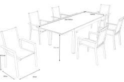 OUTFLEXX Premium Garten-Essgruppe, anthrazit matt/schwarz, Alu/Spraystone/Textilene, Tisch 160/260 x 100 cm, ausziehbar, 6 Stapelsessel