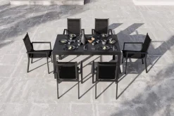 OUTFLEXX Premium Garten-Essgruppe, anthrazit matt/schwarz, Alu/Spraystone/Textilene, Tisch 160/260 x 100 cm, ausziehbar, 6 Stapelsessel