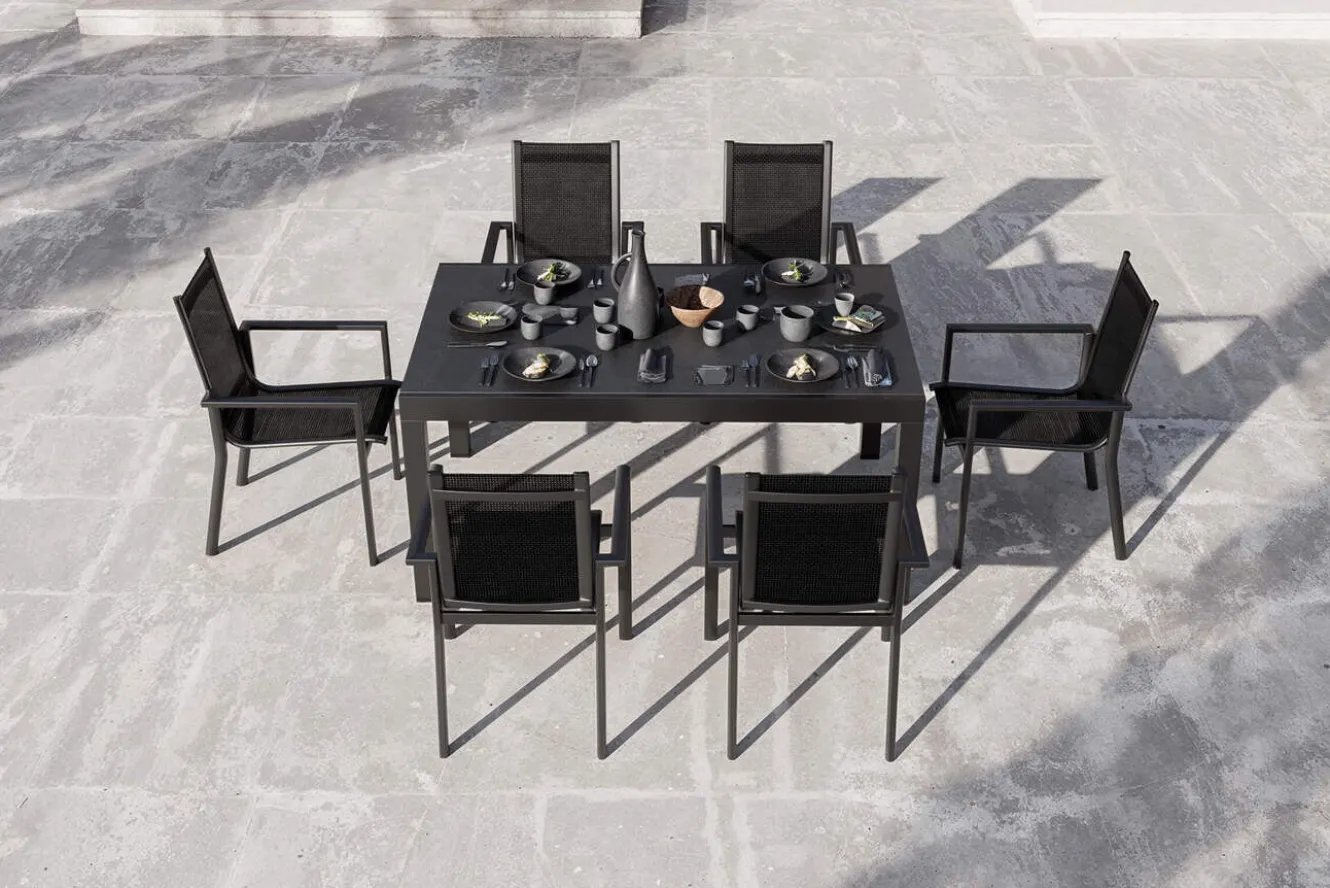 OUTFLEXX Premium Garten-Essgruppe, anthrazit matt/schwarz, Alu/Spraystone/Textilene, Tisch 160/260 x 100 cm, ausziehbar, 6 Stapelsessel