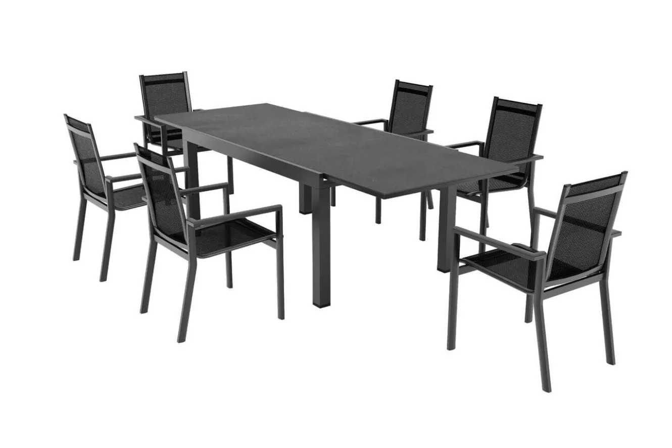OUTFLEXX Premium Garten-Essgruppe, anthrazit matt/schwarz, Alu/Spraystone/Textilene, Tisch 160/260 x 100 cm, ausziehbar, 6 Stapelsessel