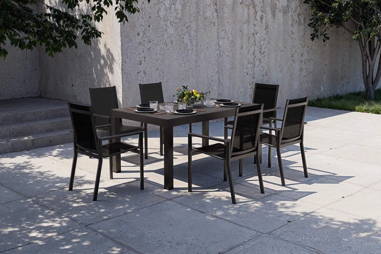 OUTFLEXX Premium Garten-Essgruppe, anthrazit matt/schwarz, Alu/Spraystone/Textilene, Tisch 160/260 x 100 cm, ausziehbar, 6 Stapelsessel