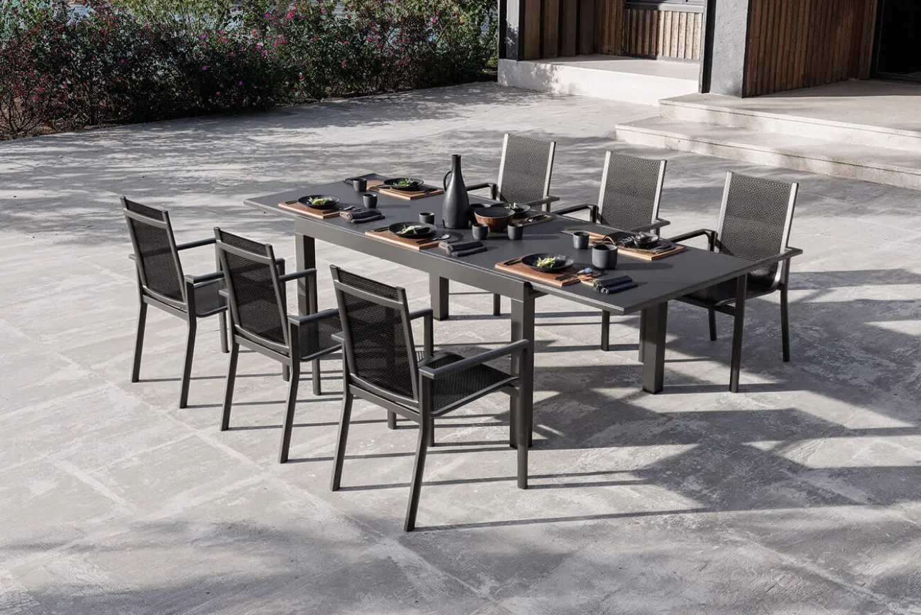 OUTFLEXX Premium Garten-Essgruppe, anthrazit matt/schwarz, Alu/Spraystone/Textilene, Tisch 160/260 x 100 cm, ausziehbar, 6 Stapelsessel