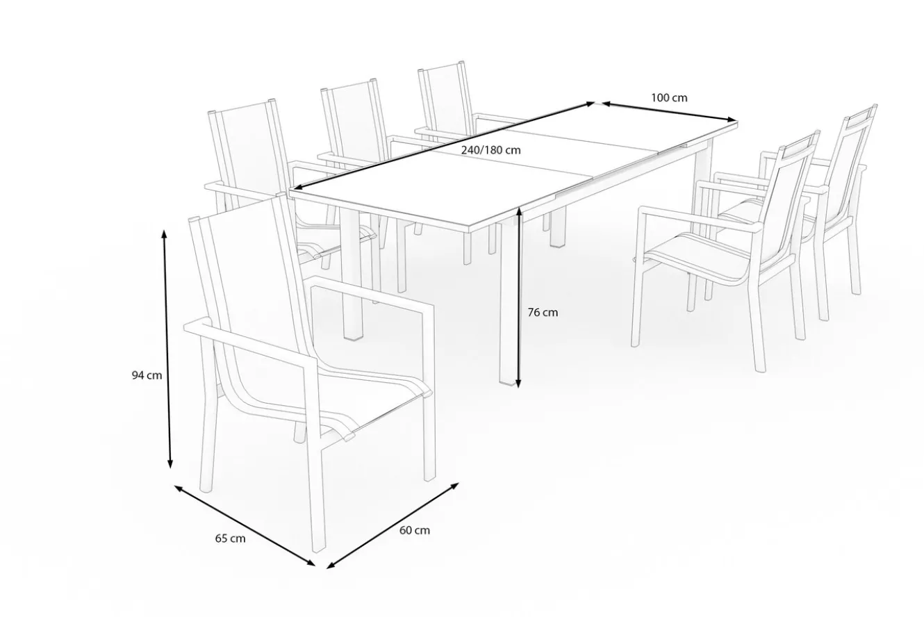 OUTFLEXX Premium Garten-Essgruppe, silber/grau, Alu/Textilene, Ausziehtisch 180/240 x 100 cm, 8 Stapelsessel