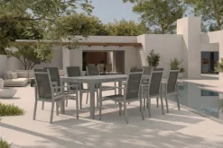OUTFLEXX Premium Garten-Essgruppe, silber/grau, Alu/Textilene, Ausziehtisch 180/240 x 100 cm, 8 Stapelsessel