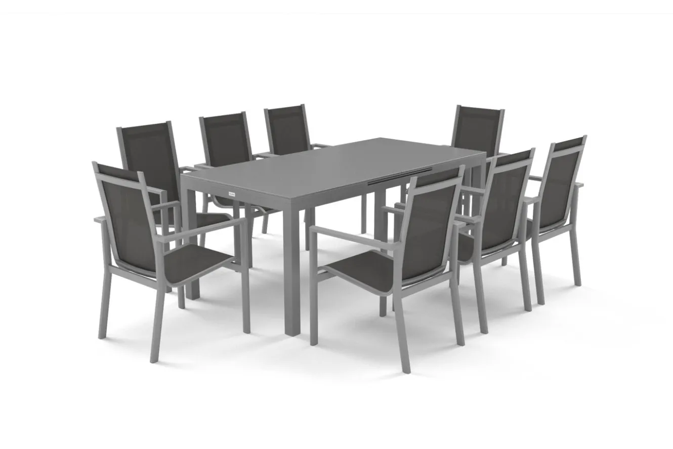 OUTFLEXX Premium Garten-Essgruppe, silber/grau, Alu/Textilene, Ausziehtisch 180/240 x 100 cm, 8 Stapelsessel