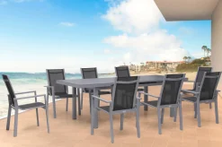 OUTFLEXX Premium Garten-Essgruppe, silber/grau, Alu/Textilene, Ausziehtisch 180/240 x 100 cm, 8 Stapelsessel