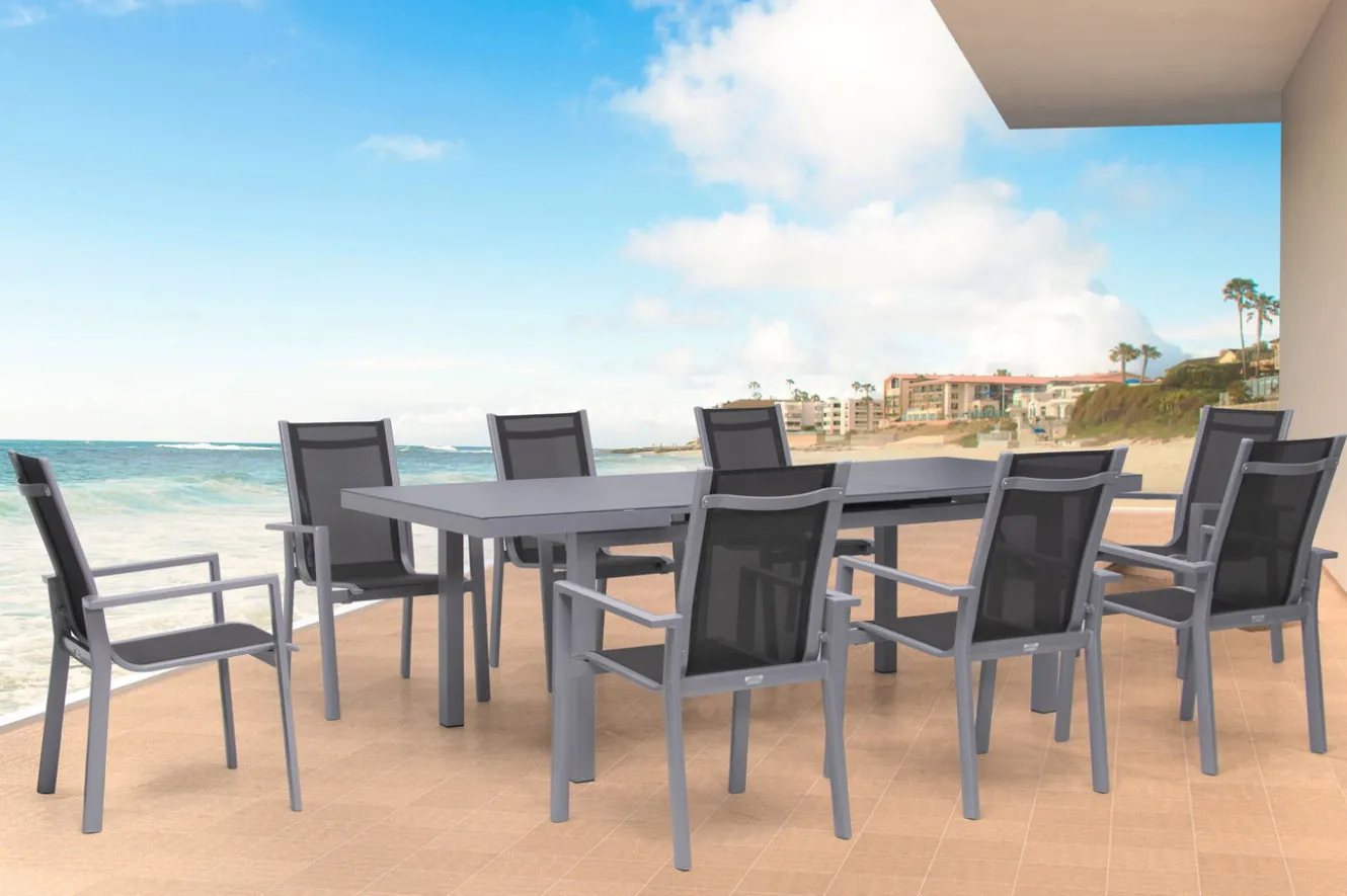 OUTFLEXX Premium Garten-Essgruppe, silber/grau, Alu/Textilene, Ausziehtisch 180/240 x 100 cm, 8 Stapelsessel