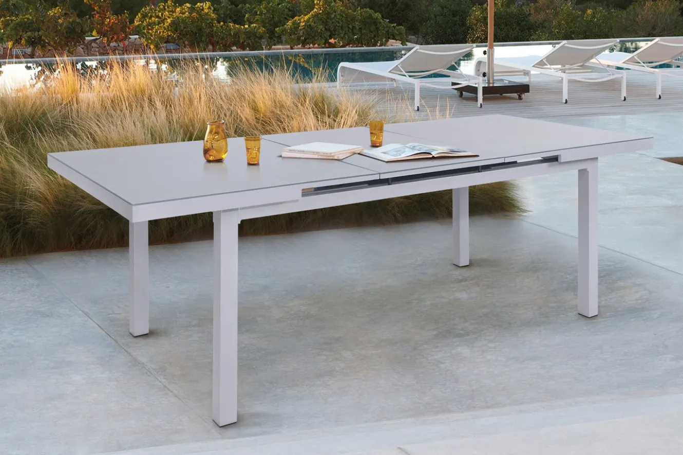 OUTFLEXX Premium Garten-Essgruppe, silber/grau, Alu/Textilene, Ausziehtisch 180/240 x 100 cm, 8 Stapelsessel