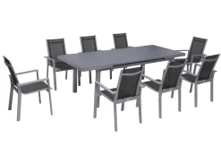 OUTFLEXX Premium Garten-Essgruppe, silber/grau, Alu/Textilene, Ausziehtisch 180/240 x 100 cm, 8 Stapelsessel