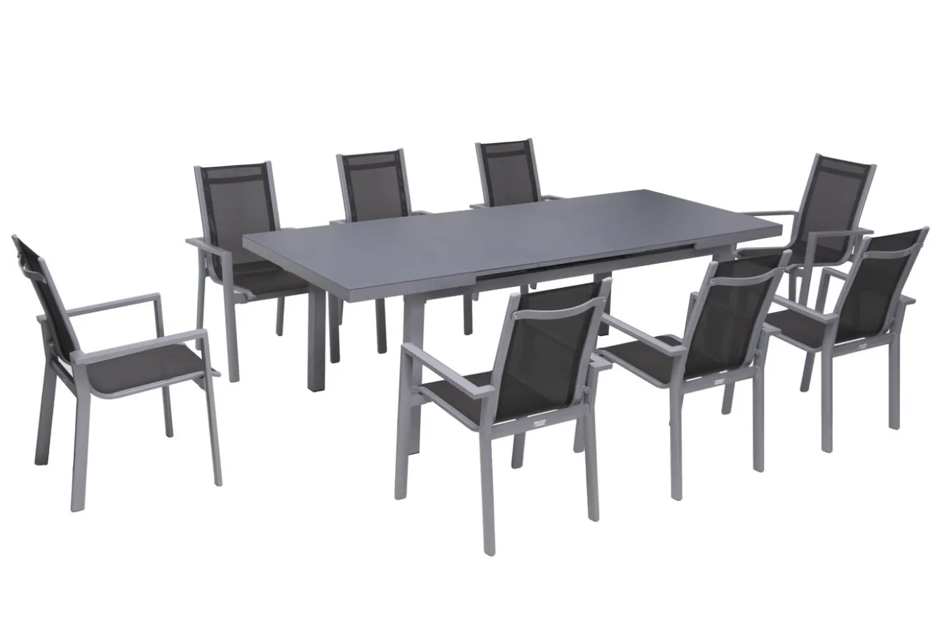 OUTFLEXX Premium Garten-Essgruppe, silber/grau, Alu/Textilene, Ausziehtisch 180/240 x 100 cm, 8 Stapelsessel