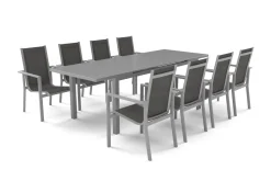 OUTFLEXX Premium Garten-Essgruppe, silber/grau, Alu/Textilene, Ausziehtisch 180/240 x 100 cm, 8 Stapelsessel