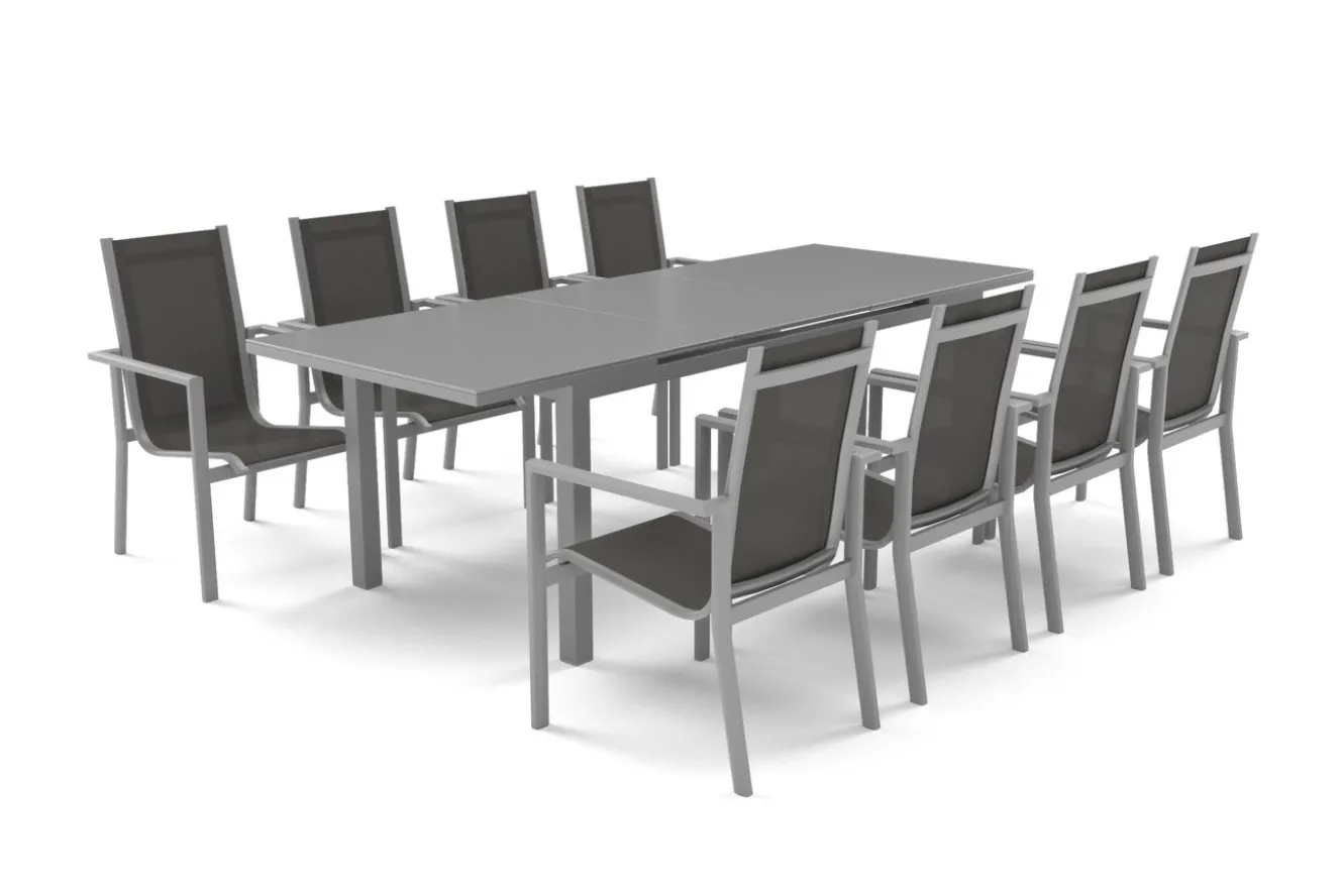 OUTFLEXX Premium Garten-Essgruppe, silber/grau, Alu/Textilene, Ausziehtisch 180/240 x 100 cm, 8 Stapelsessel