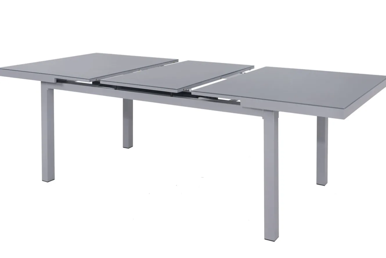OUTFLEXX Premium Garten-Essgruppe, silber/grau, Alu/Textilene, Ausziehtisch 180/240 x 100 cm, 8 Stapelsessel