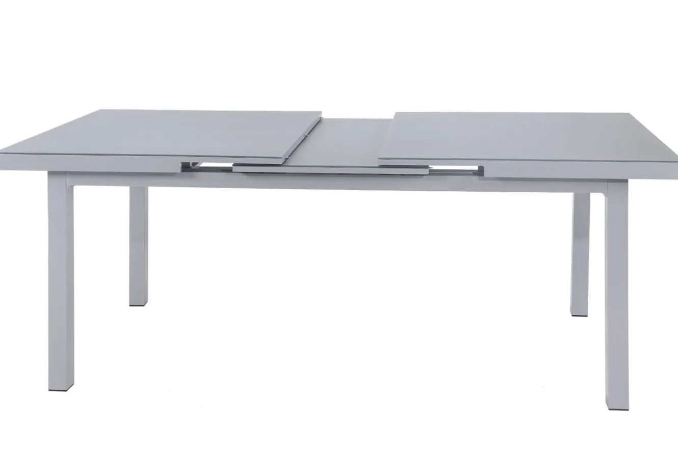 OUTFLEXX Premium Garten-Essgruppe, silber/grau, Alu/Textilene, Ausziehtisch 180/240 x 100 cm, 8 Stapelsessel