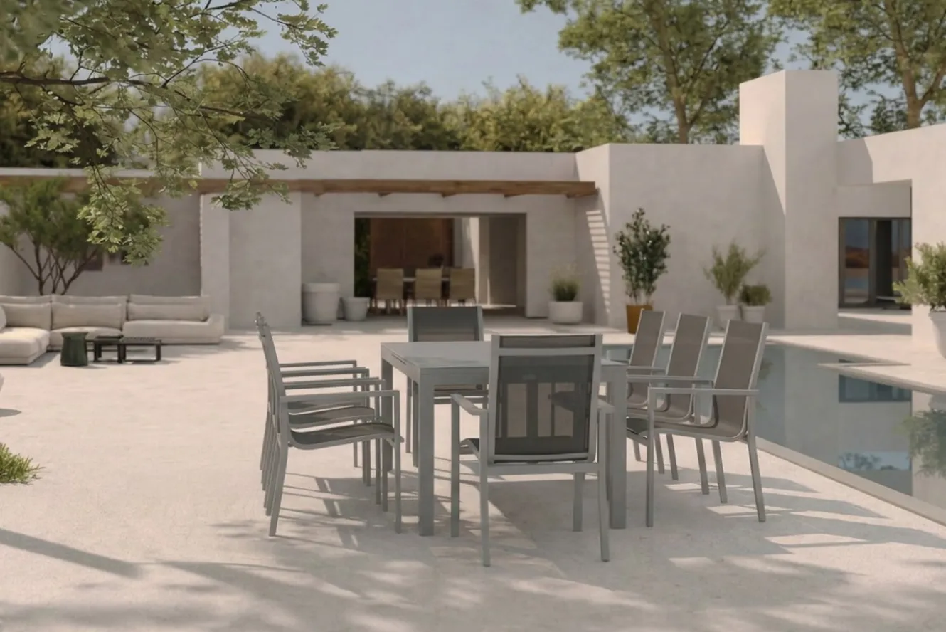 OUTFLEXX Premium Garten-Essgruppe, silber/grau, Alu/Textilene, Ausziehtisch 180/240 x 100 cm, 8 Stapelsessel