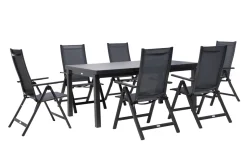 OUTFLEXX Premium Garten-Essgruppe, anthrazit/grau, Alu/Textilene, Ausziehtisch 180/240x100cm, 6 Klappstühle