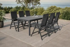 OUTFLEXX Premium Garten-Essgruppe für 6 Personen, anthrazit/grau, Alu/Sicherheitsglas, Tisch ausziehbar, Stühle klappbar, UV-beständig
