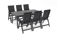 OUTFLEXX Premium Garten-Essgruppe für 6 Personen, anthrazit/grau, Alu/Sicherheitsglas, Tisch ausziehbar, Stühle klappbar, UV-beständig