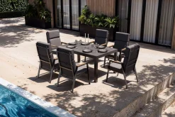 OUTFLEXX Premium Garten-Essgruppe, anthrazit matt, Aluminium/Polyester/Spraystone/Teak, 160/260 x 100 cm, 6 Stapelsessel