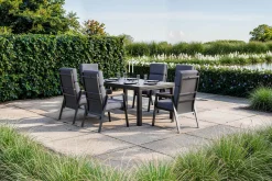 OUTFLEXX Premium Garten-Essgruppe, anthrazit matt, Aluminium/Polyester/Spraystone/Teak, 160/260 x 100 cm, 6 Stapelsessel