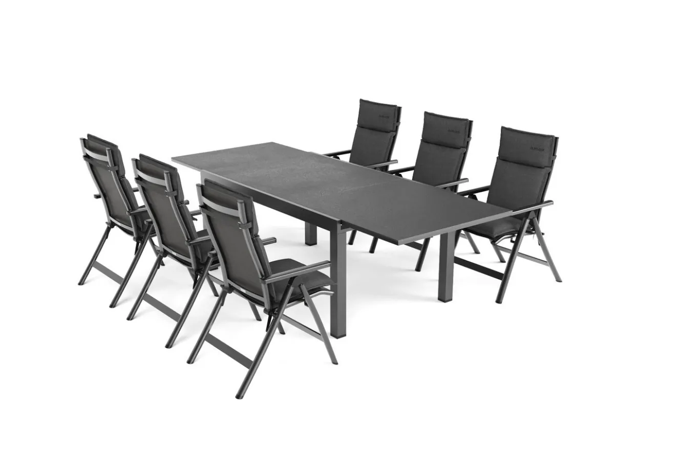 OUTFLEXX Premium Garten-Essgruppe, anthrazit matt/schwarz, Alu/Spraystone/Textilene, 160/260 x 100 cm, 6 Klappstühle inkl. 6 Auflagen