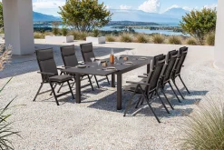 OUTFLEXX Premium Garten-Essgruppe, anthrazit matt/schwarz, Alu/Spraystone/Textilene, 160/260 x 100 cm, 6 Klappstühle inkl. 6 Auflagen