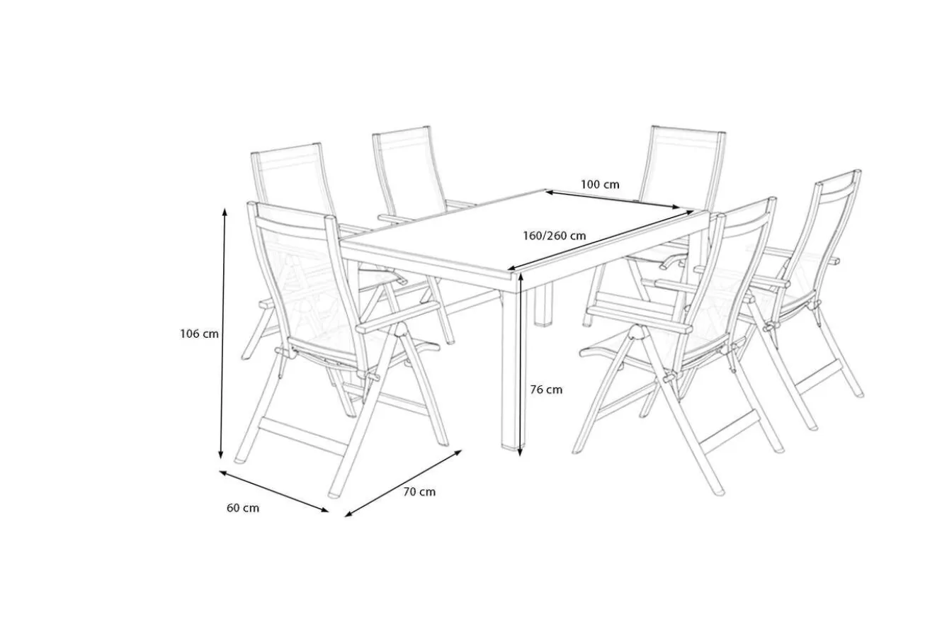 OUTFLEXX Premium Garten-Essgruppe, anthrazit matt/schwarz, Alu/Textilene/Spraystone, Tisch 160/260 x 100 cm, ausziehbar, 6 Klappstühle
